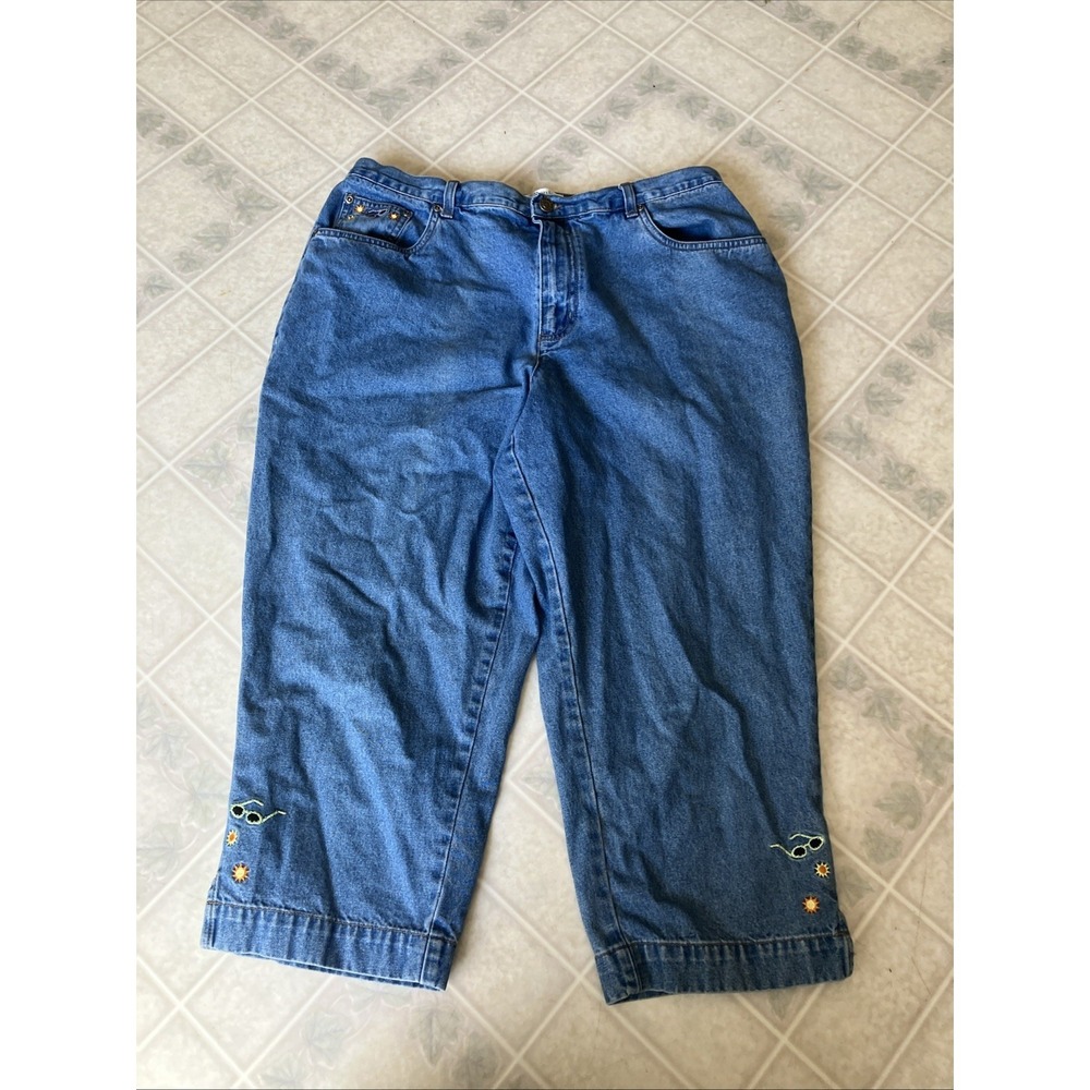 CJ Banks Women's Mid Rise Denim‎ Sunglasses Sunshine Embroidered Capris Size 16W